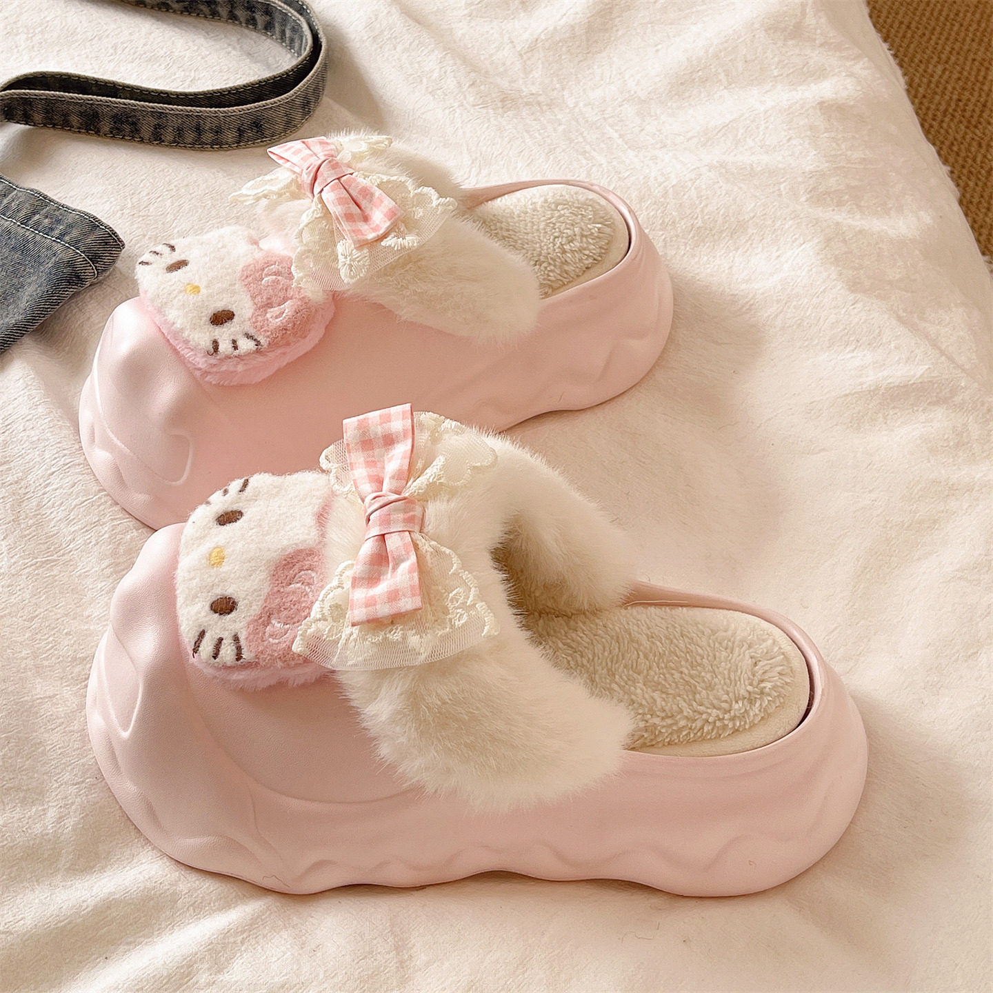 厚底增高防滑毛毛拖鞋女冬季可爱猫咪外穿包头加绒保暖室内棉拖鞋,居家布艺,居家棉拖/棉鞋,淘宝优惠券,粉丝福利购,淘宝优惠卷