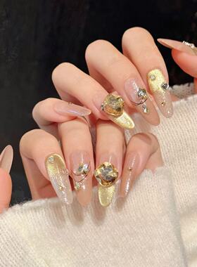 纯手工穿戴甲【桑榆之时】初秋轻奢风咖色渐变爆闪金色猫眼K9堆钻