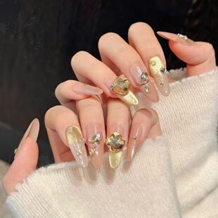 纯手工穿戴甲【桑榆之时】初秋轻奢风咖色渐变爆闪金色猫眼K9堆钻