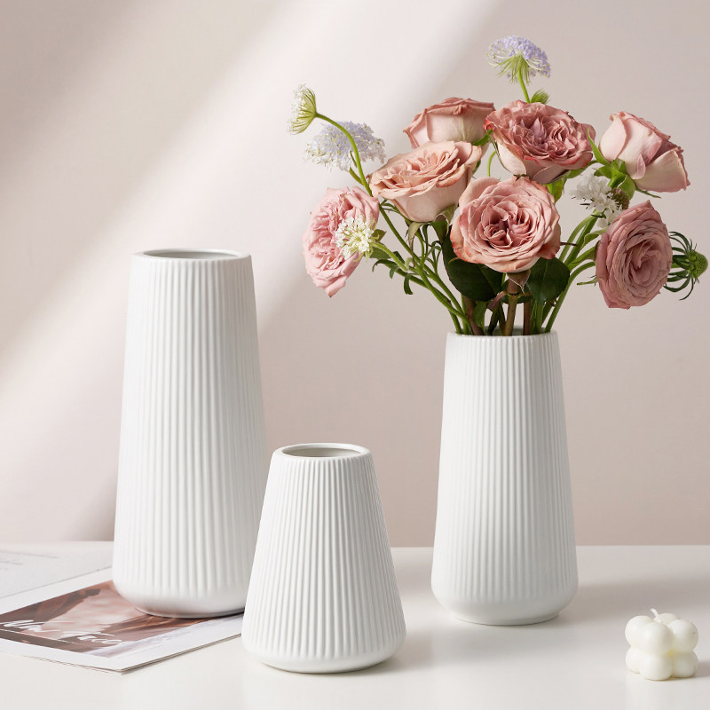 高级感简约现代条纹白色陶瓷花瓶水养插花鲜花客厅餐桌装饰品摆件,家居饰品,花瓶,淘宝优惠券,粉丝福利购,淘宝优惠卷