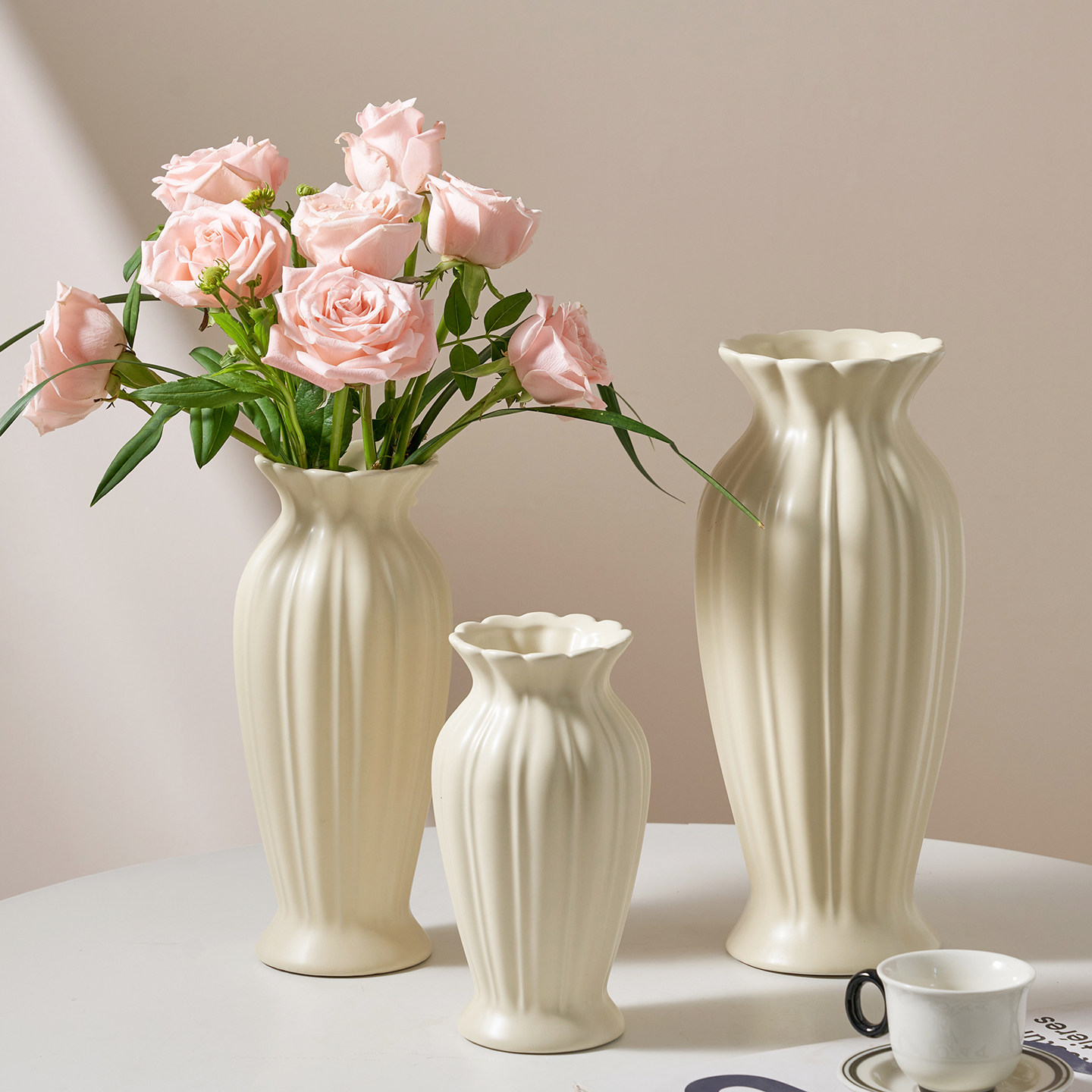 复古陶瓷花瓶奶油风客厅餐桌酒店水养插花鲜花高级感花器装饰摆件,家居饰品,花瓶,淘宝优惠券,粉丝福利购,淘宝优惠卷