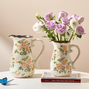 复古陶瓷花瓶冰裂釉面奶壶设计田园风客厅餐桌水养插花摆件高级感