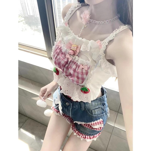 两件套 小众可爱少女设计感小清新蕾丝拼接蝴蝶结吊带上衣牛仔短裤