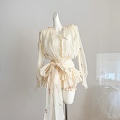 Swee小众设计千金风性感蕾丝拼接束腰系带蝴蝶结灯笼袖 连衣裙短裙