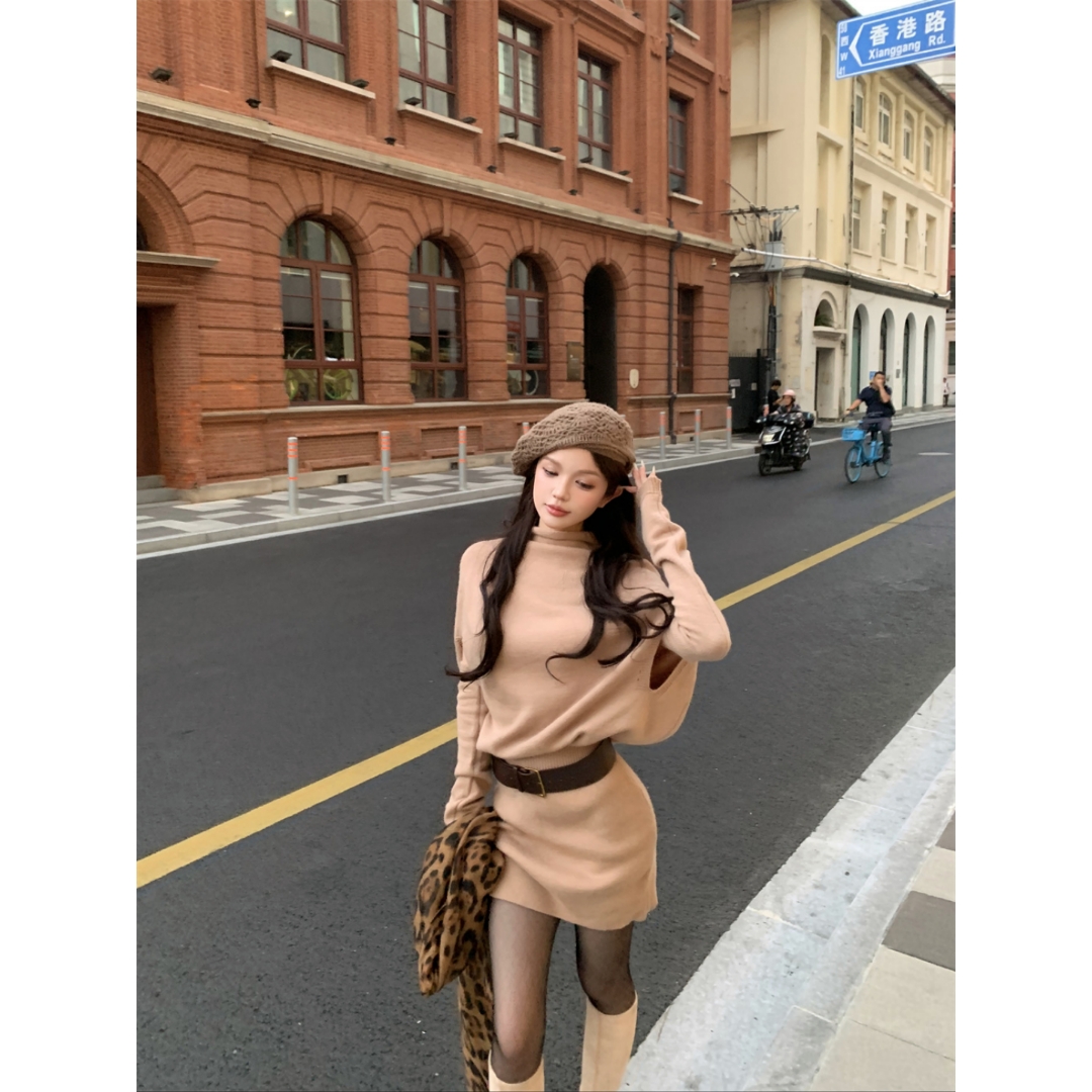 Swee气质高领短袖连衣裙女裙子设计感收腰包臀短裙叠穿袖套两件套