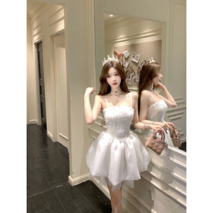 Swee富豪千金风白色吊带连衣裙高端轻奢成人礼生日礼服蓬蓬公主裙