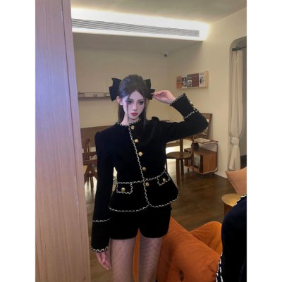 Sweet草莓女孩精致女孩必买小香风套装黑色丝绒外套