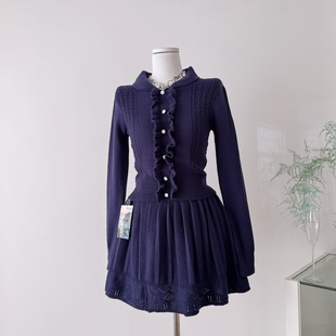 Sweet草莓女孩优等生公式 半裙 藏青色miu系彼得潘领领蝴蝶结针织衫