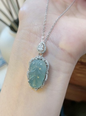 天然A货蓝水翡翠叶子吊坠厂家银镶项链冰糯种金枝玉叶带鉴定证书