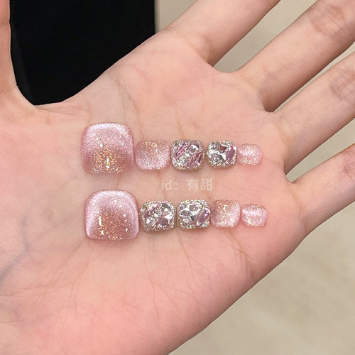 脚指甲穿戴甲春夏高级感粉色猫眼穿戴式美甲纯手工高端脚指甲贴片