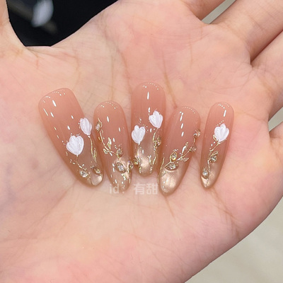 金色猫眼美甲穿戴甲中长款高级感指甲贴片2025新款纯手工新娘婚甲