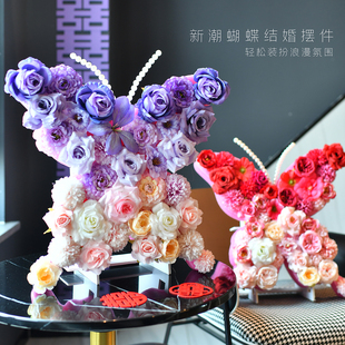 婚庆婚房卧室装饰花艺仿真立体蝴蝶床头喜字摆件装饰拍照道具