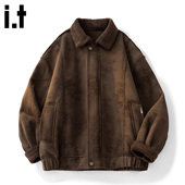 休闲复古麂皮绒外套 加绒加厚冬季 FIVE CM皮毛一体翻领夹克男款