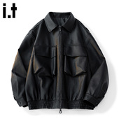 机车服宽松休闲男士 外套 潮牌皮衣工装 PU皮夹克男款 FIVE CM美式