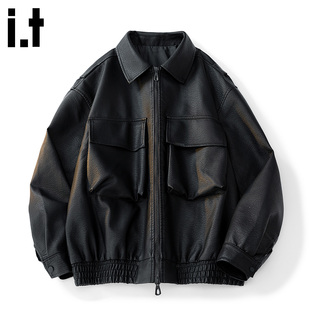 FIVE 机车服宽松休闲男士 CM美式 PU皮夹克男款 外套 潮牌皮衣工装