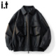 机车服宽松休闲男士 外套 潮牌皮衣工装 PU皮夹克男款 FIVE CM美式