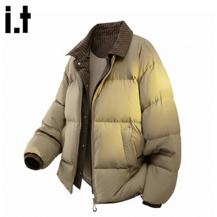 it FIVE CM格纹假两件羽绒服男冬季加厚保暖翻领美式潮流情侣外套