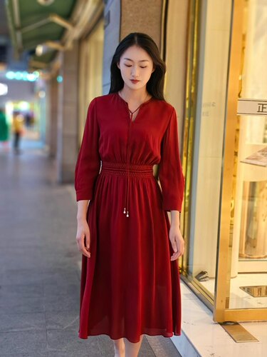 歌L思    24年全标大货  安可拉红桑蚕丝连衣裙 EWE353Y04100