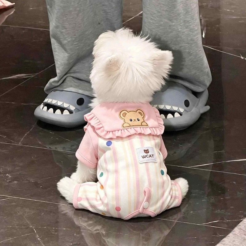 狗狗衣服秋季洋气海军领条纹护肚衣小型犬比熊泰迪秋冬保暖四脚衣