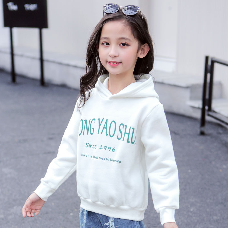 女童加绒带帽卫衣2025秋冬全棉长袖薄绒长袖套头中小童洋气可爱潮