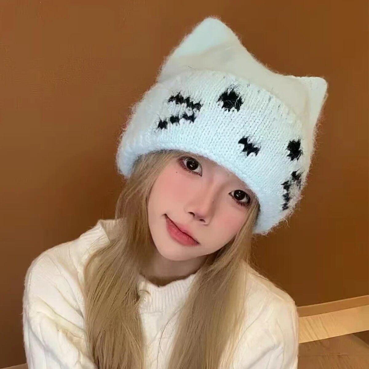 猫耳朵帽子女款秋冬大头围针织帽韩系百搭保暖防寒防风可爱毛线帽