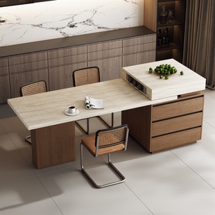 法式中古风洞石岩板多功能带电磁炉伸缩岛台餐桌家用客餐厅中台岛