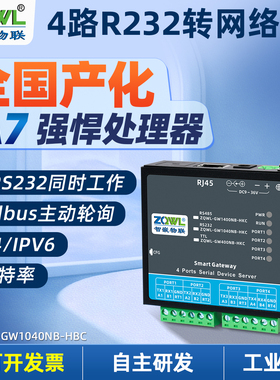 智嵌物联高波特率全国产串口服务器4路rs232转以太网模块MQTT通讯HTTP转网络JSON格式modbus tcp转rtu网关