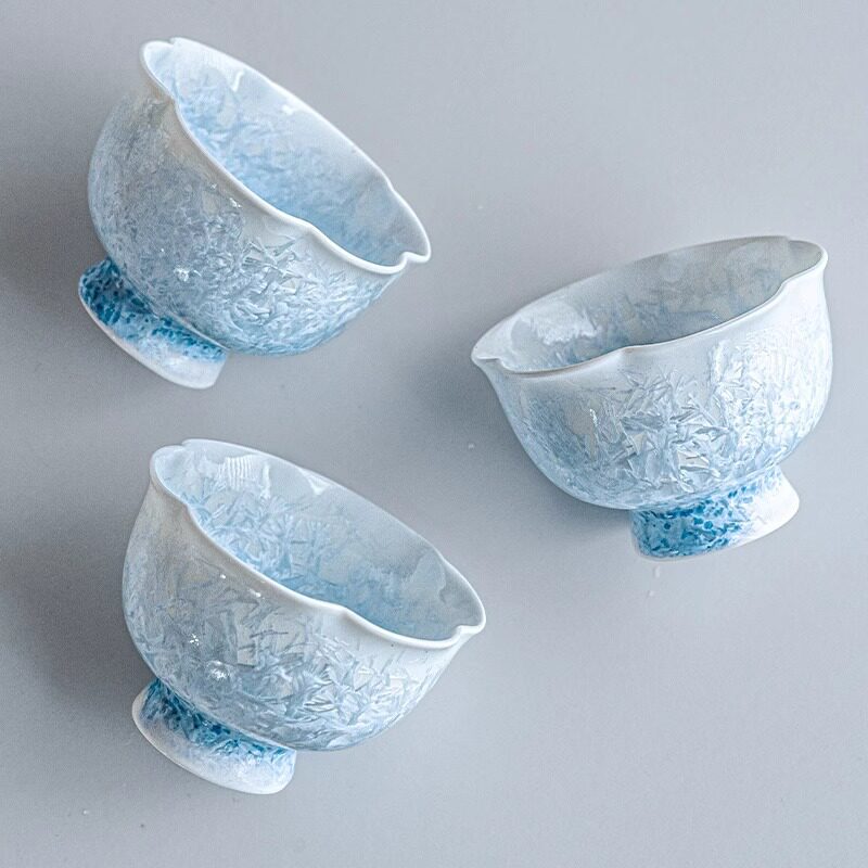 结晶釉冰晶蓝花口杯主人杯茶杯单杯陶瓷喝茶品茗杯功夫茶盏高档