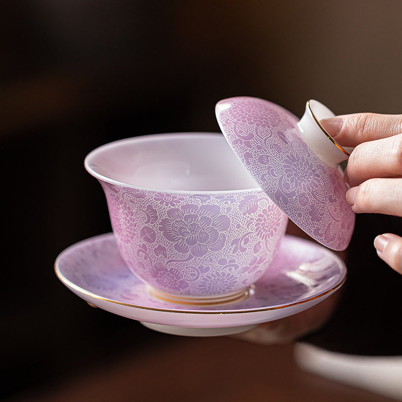 璞玉瓷功夫茶具珐琅彩陶瓷三才盖碗茶杯喝茶主人杯手工扒花泡茶碗