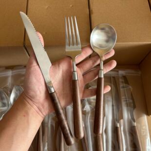 凯文304不锈钢胡桃木柄刀叉勺子复古高颜值西餐具套装牛排三件套
