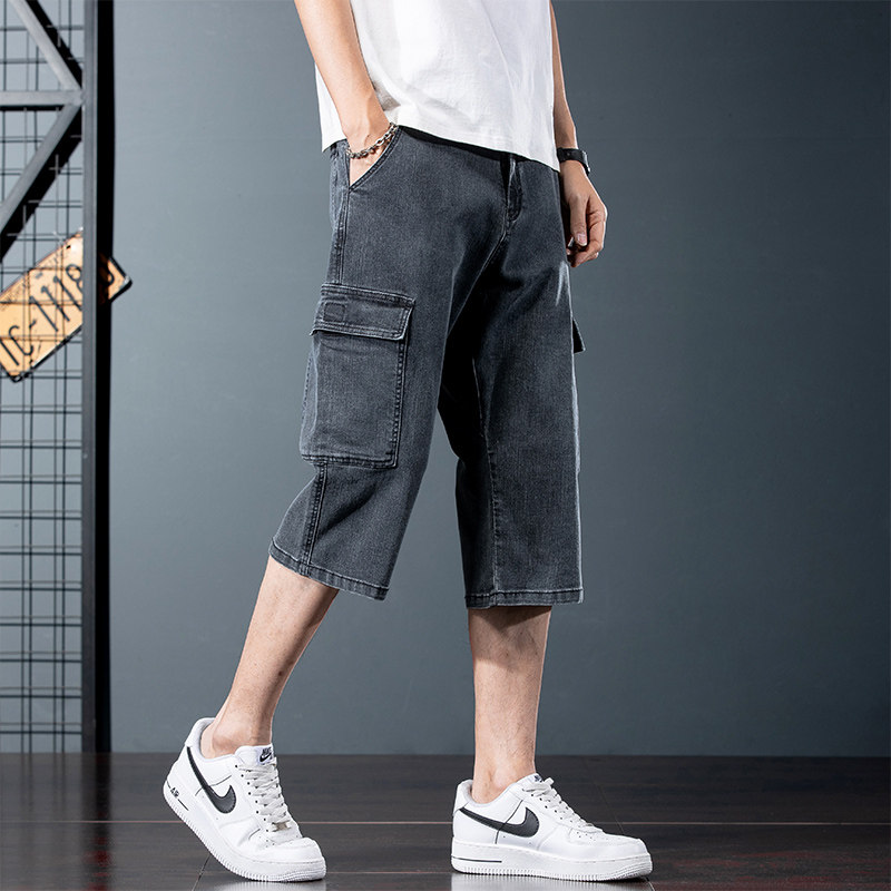 工装风牛仔七分裤男直筒宽松多口袋弹力胖子大码7分中裤夏季薄款