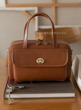 摩西奶奶 牛皮保龄球包vintage通勤手提斜挎包2026新款相机包