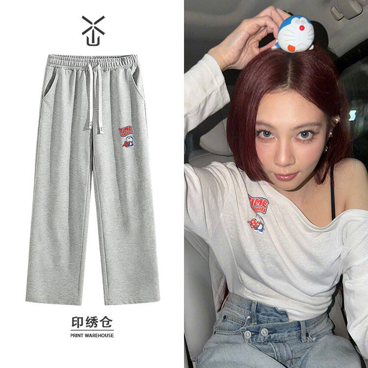 宋妍霏同款俏皮可爱印花直筒长裤男女款春秋冬季加厚绒宽松阔腿卫