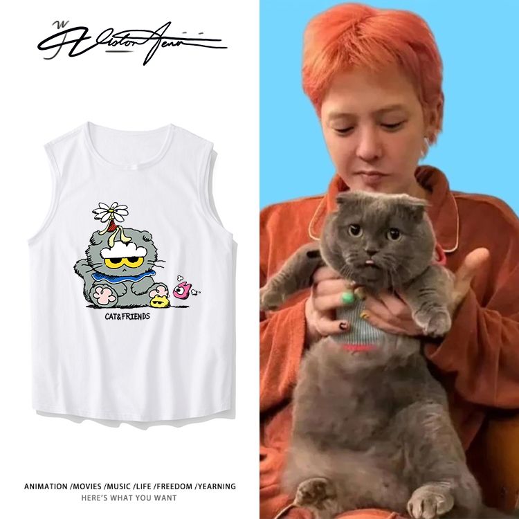 权志龙同款zoa卡通猫印花无袖棉质背心坎肩跑步T恤透气运动潮百搭