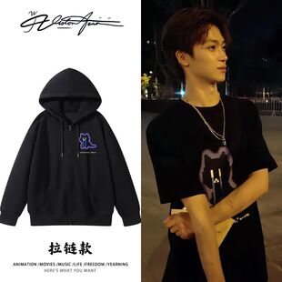 梓渝路透同款黑喵像素印花连帽开衫卫衣加厚绒保暖休闲潮流百搭