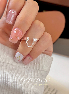 女通体925银爱心钻链条开口戒指