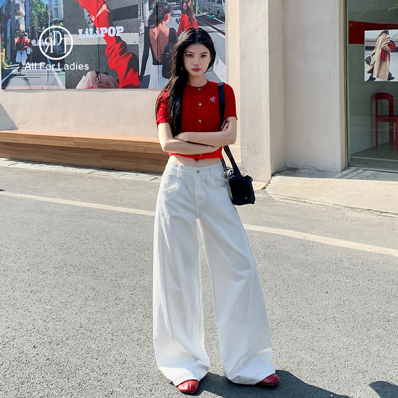 RDT白色牛仔裤女2025年新款小个子高腰显瘦宽松阔腿裤直筒长裤子