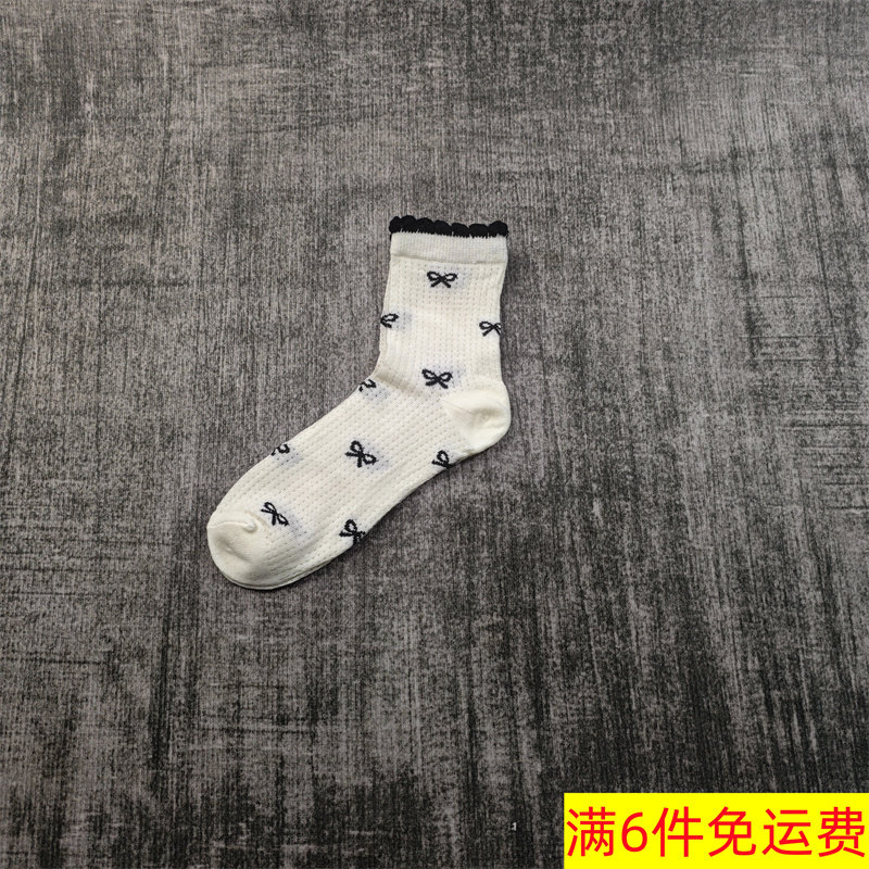 夏季薄款蝴蝶结图案女袜日系可爱风少女大童网眼透气中筒学生潮袜