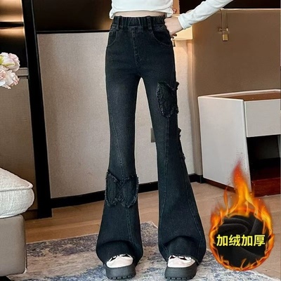 女童加绒喇叭裤秋冬装2025新款女孩中大童冬季加厚一体绒微喇裤子