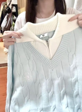 女大童装蓝色假两件翻领麻花毛衣秋冬宽松加厚时尚外穿针织衫上衣