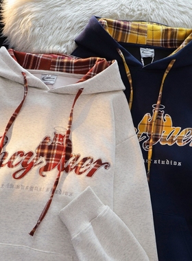女大童装慵懒chic格子刺绣连帽卫衣秋冬长袖宽松韩版复古情侣外套