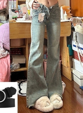 女大童装加绒加厚复古微喇牛仔裤新款修身显瘦新款喇叭毛边拖地裤