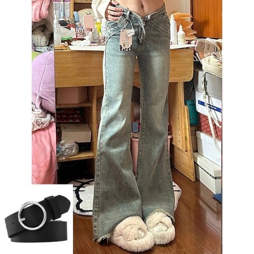 女大童装加绒加厚复古微喇牛仔裤新款修身显瘦新款喇叭毛边拖地裤