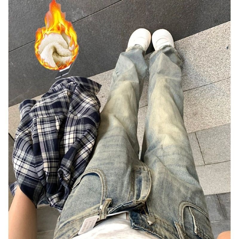 女大童装2025秋冬加绒加厚黄泥色牛仔裤新款宽松显瘦直筒阔腿长裤