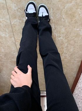 黑色加绒牛仔裤女大童装初中学生春夏季烟管裤女孩儿直筒长裤子