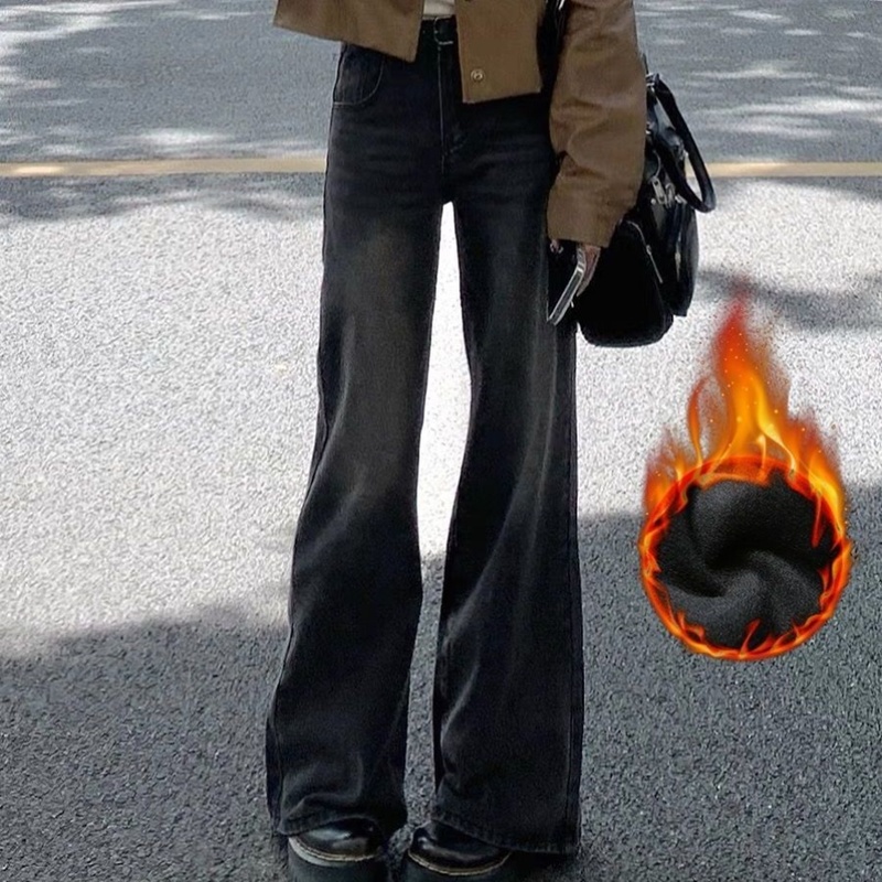 女大童装加绒加厚不贴腿微喇叭牛仔裤秋冬新款高腰显瘦宽松拖地裤