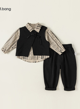 宥宝童装儿童套装春秋童装新品男童马甲花衬衫三件套礼服QT83152