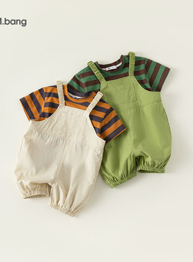 宥宝童装男宝宝背带裤套装女童条纹T恤两件套儿童夏装XT83004