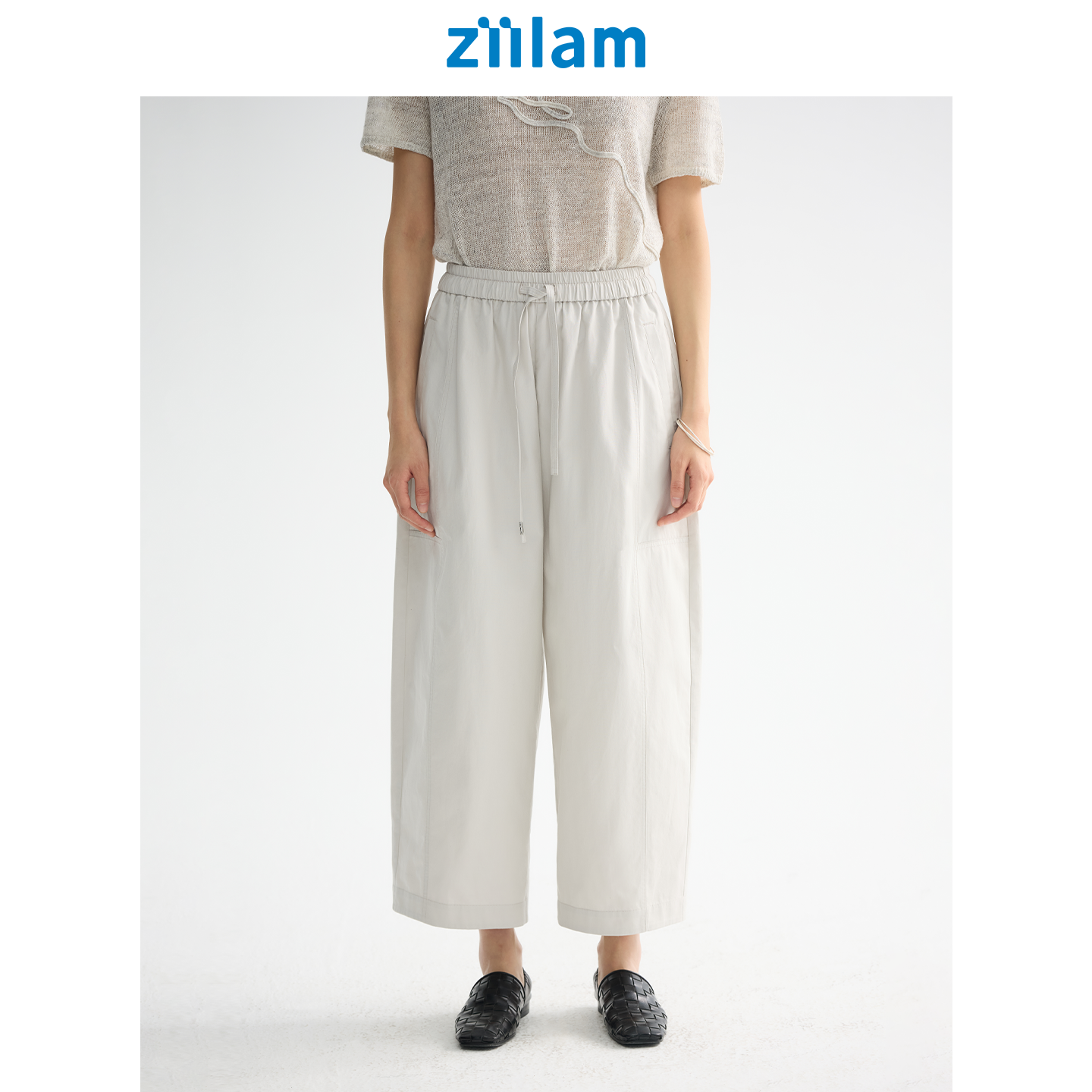 ziilam枝蓝 茧型松紧女裤子女款夏季薄款设计感休闲阔腿裤九分裤