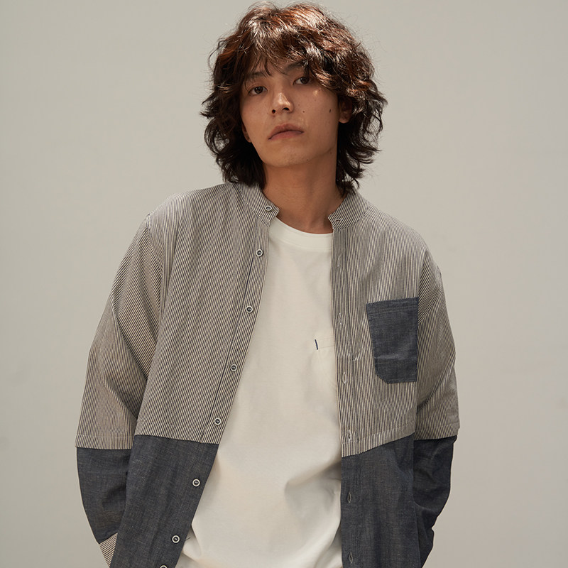 ziilam枝蓝 衬衫烟灰色棉麻条纹复古立领拼接休闲长袖男女同款